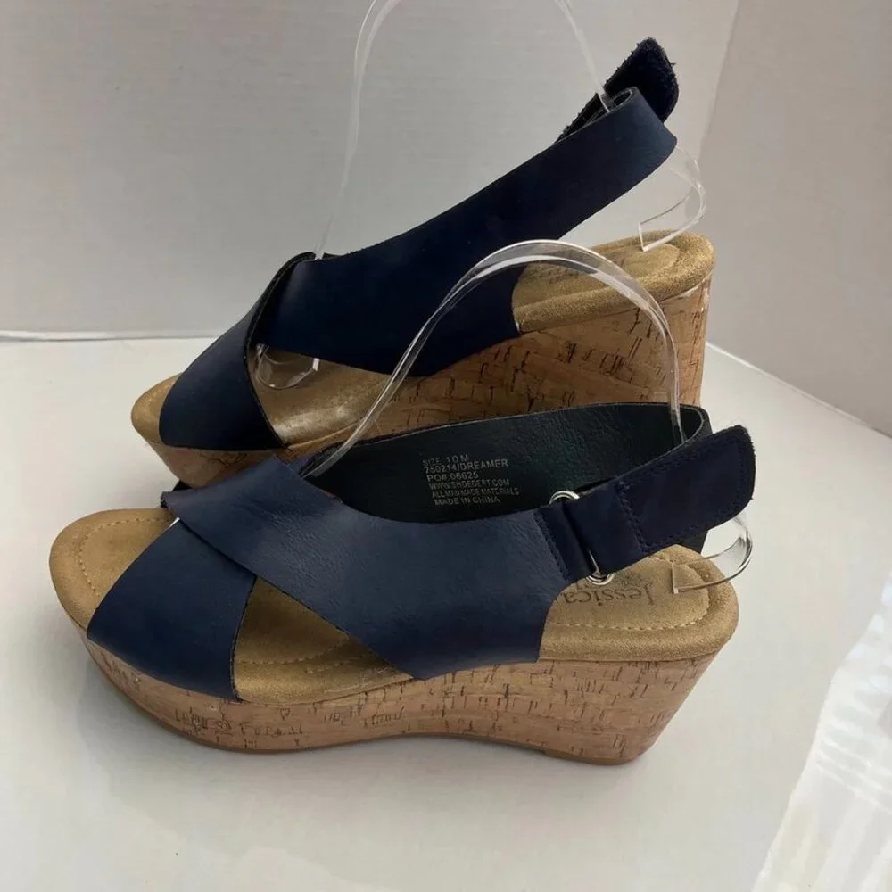 Jessica Cline Dreamer Wedge Slingback Sandals Navy Cork Print 10M